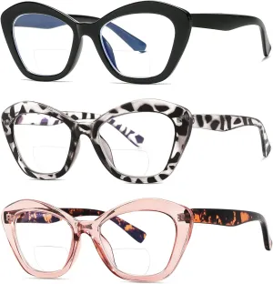 Bifocal Reading Glasses for Women Designer Cat Eye Oversized Frame Blue Light Blocking Readers Oprah Stylish Eyewear 2 Pack