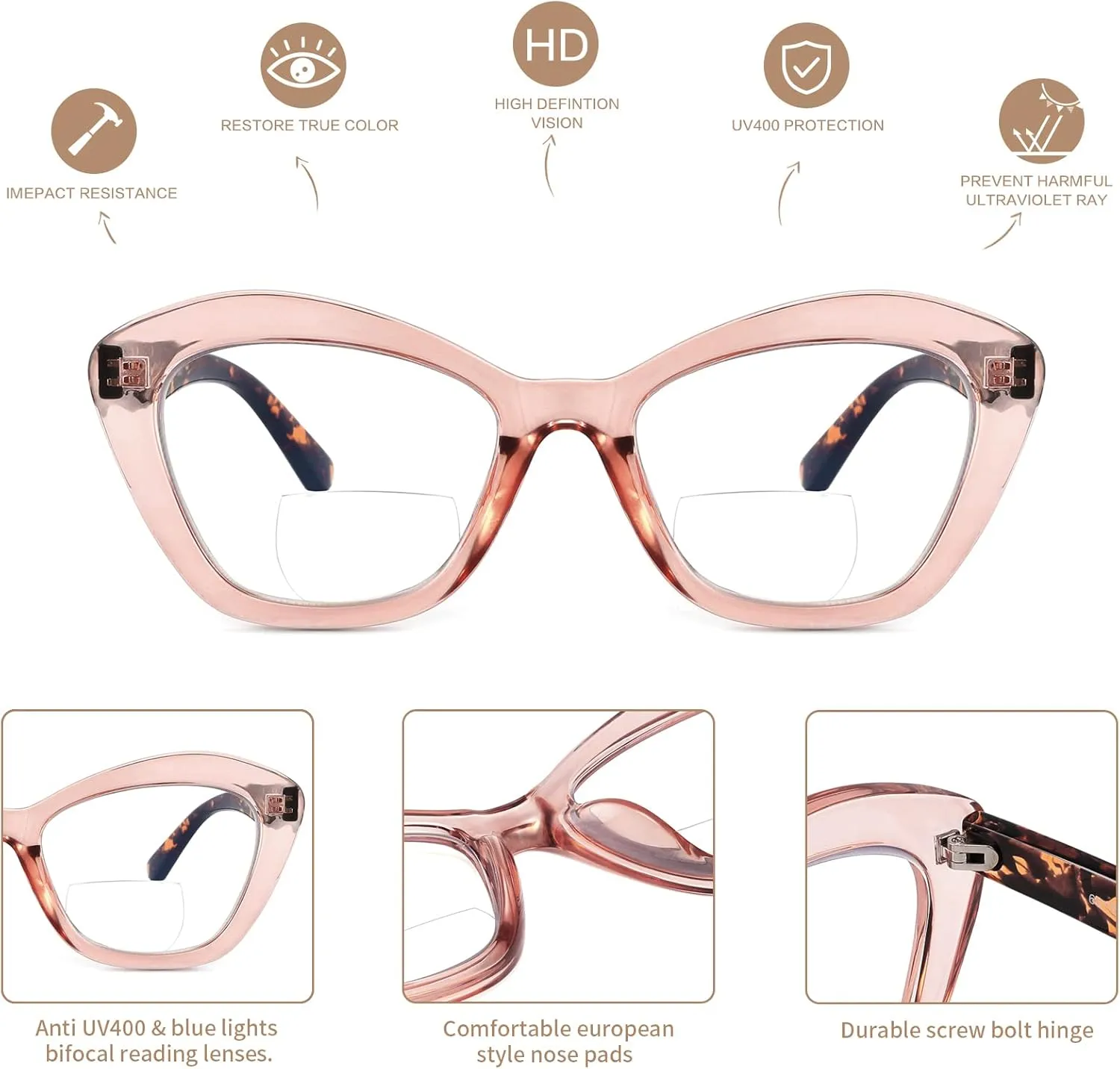 Bifocal Reading Glasses for Women Designer Cat Eye Oversized Frame Blue Light Blocking Readers Oprah Stylish Eyewear 2 Pack