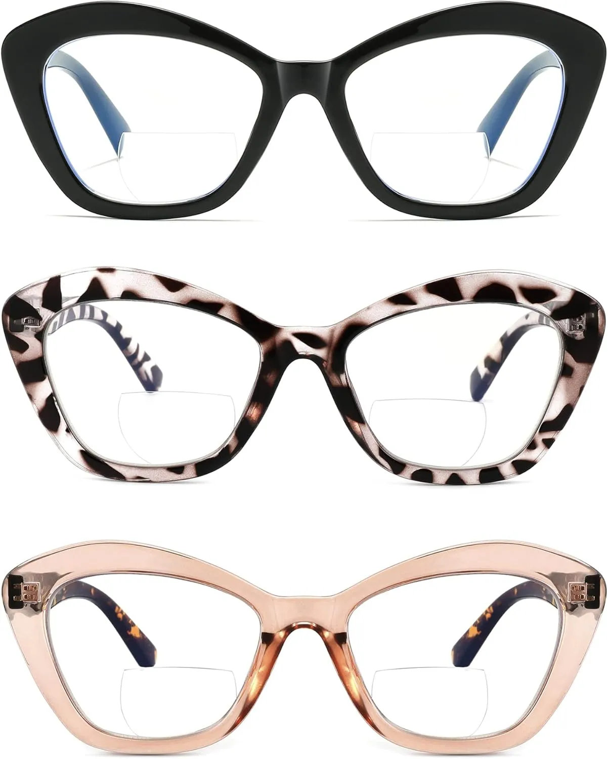 Bifocal Reading Glasses for Women Designer Cat Eye Oversized Frame Blue Light Blocking Readers Oprah Stylish Eyewear 2 Pack