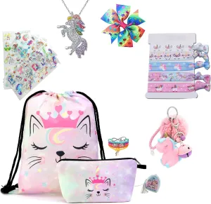 BIGPETS Unicorn Gifts for Girl Drawstring Backpack/Makeup Bag/Unicorn Necklace/Bracelet/Hair Ties/Purse Set