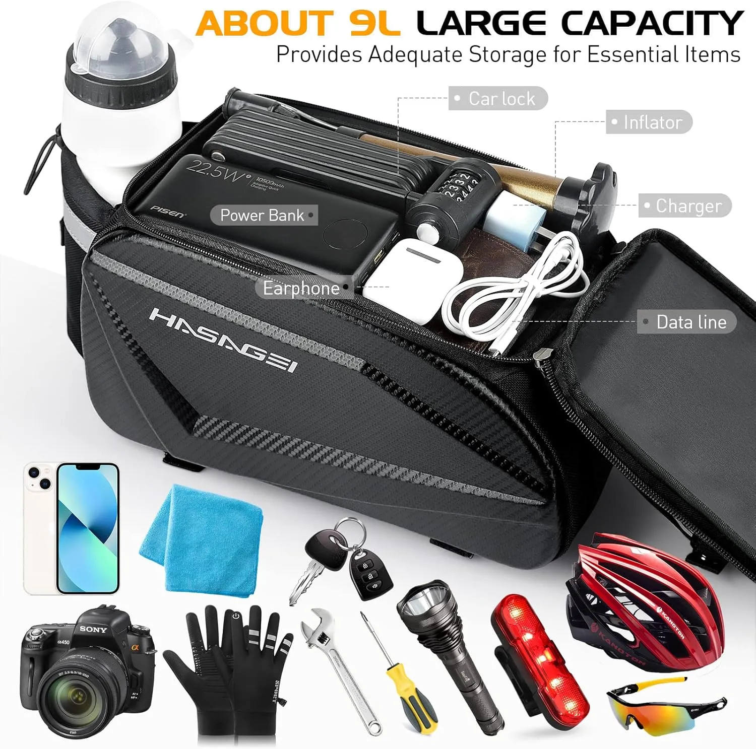 Bike Bag,Bicycle Bag,Bike Rack Bag,About 9L Big Capacity,Waterproof,Toolless Installation,Durable,With Portable Strap & Rain Cover Bike Trunk Storage Travel Bag Panniers
