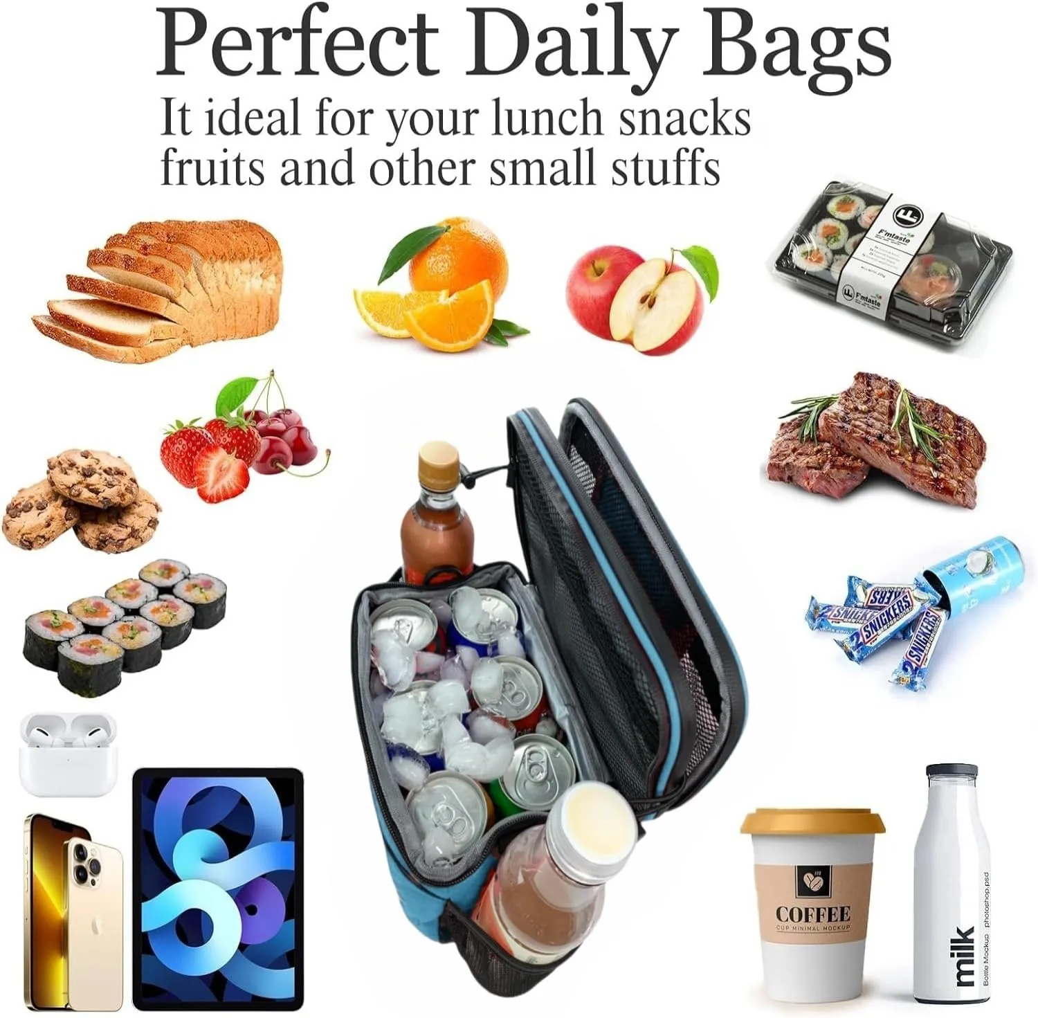 Bike Basket front Bag, Bicycle Insulated Handlebar Bag with Touch Screen Phone Holder Frame Tube Bag 5L Storage Bag Keep Cooling with Mesh Pockets for Riding Picnic Camping