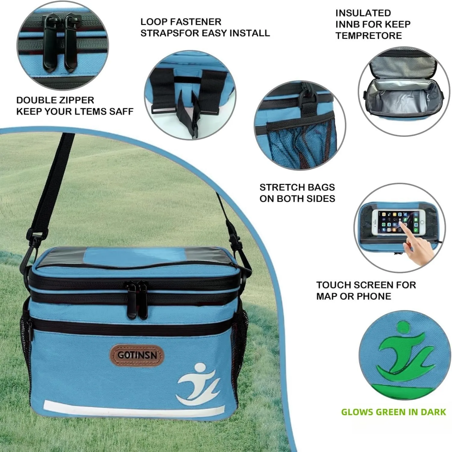 Bike Basket front Bag, Bicycle Insulated Handlebar Bag with Touch Screen Phone Holder Frame Tube Bag 5L Storage Bag Keep Cooling with Mesh Pockets for Riding Picnic Camping