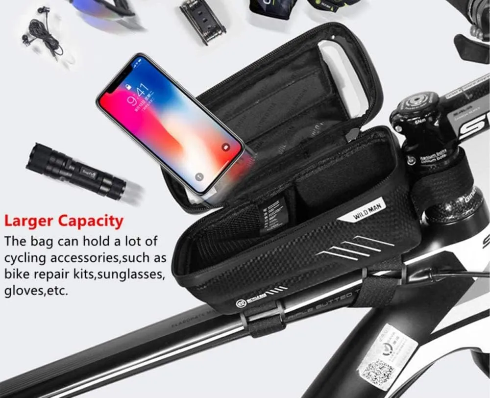 Bike Frame Phone Holder Bag, Waterproof Shockproof Hard Shell Bicycle Bag,Bike Front Beam Frame Phone Holder for Smart Phone 6.5 Inch