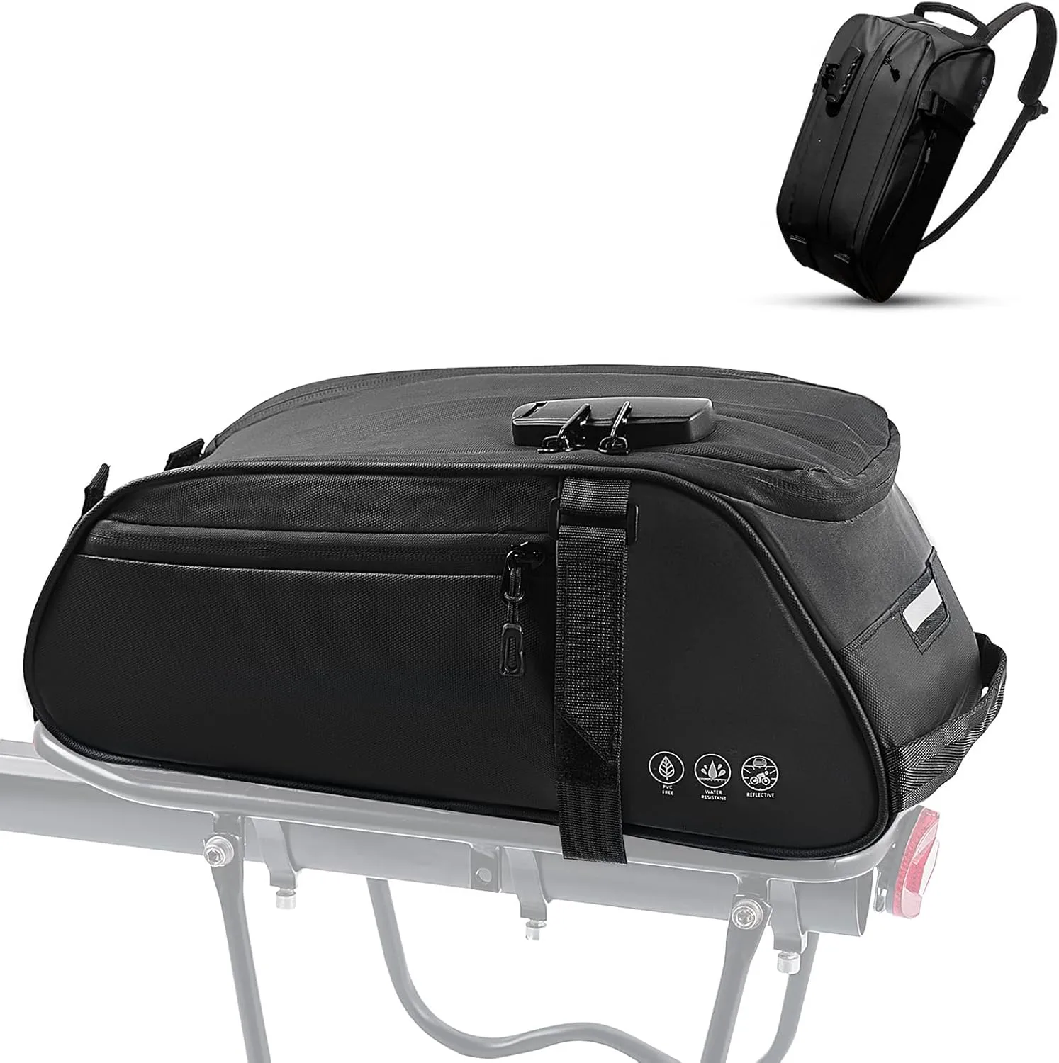 Bike Rack Bag with 3-Digit Combination Lock, Reflective Waterproof Bike Bags for Bicycles Rear Rack, 8L Bike Trunk Bag with Multi-Pocket, Bike Backpack with Shoulder Strap