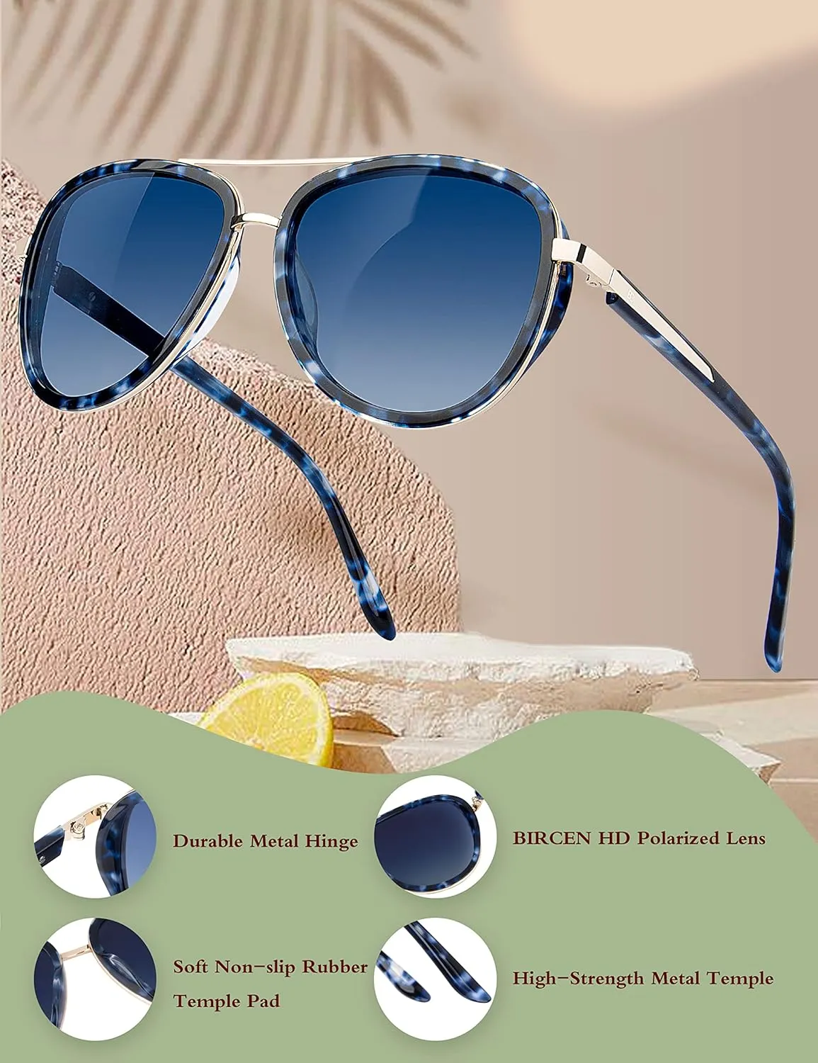 BIRCEN Polarized Sunglasses for Women UV - Protection Womens Retro Mirrored Shades with Acetate Frame BC2001