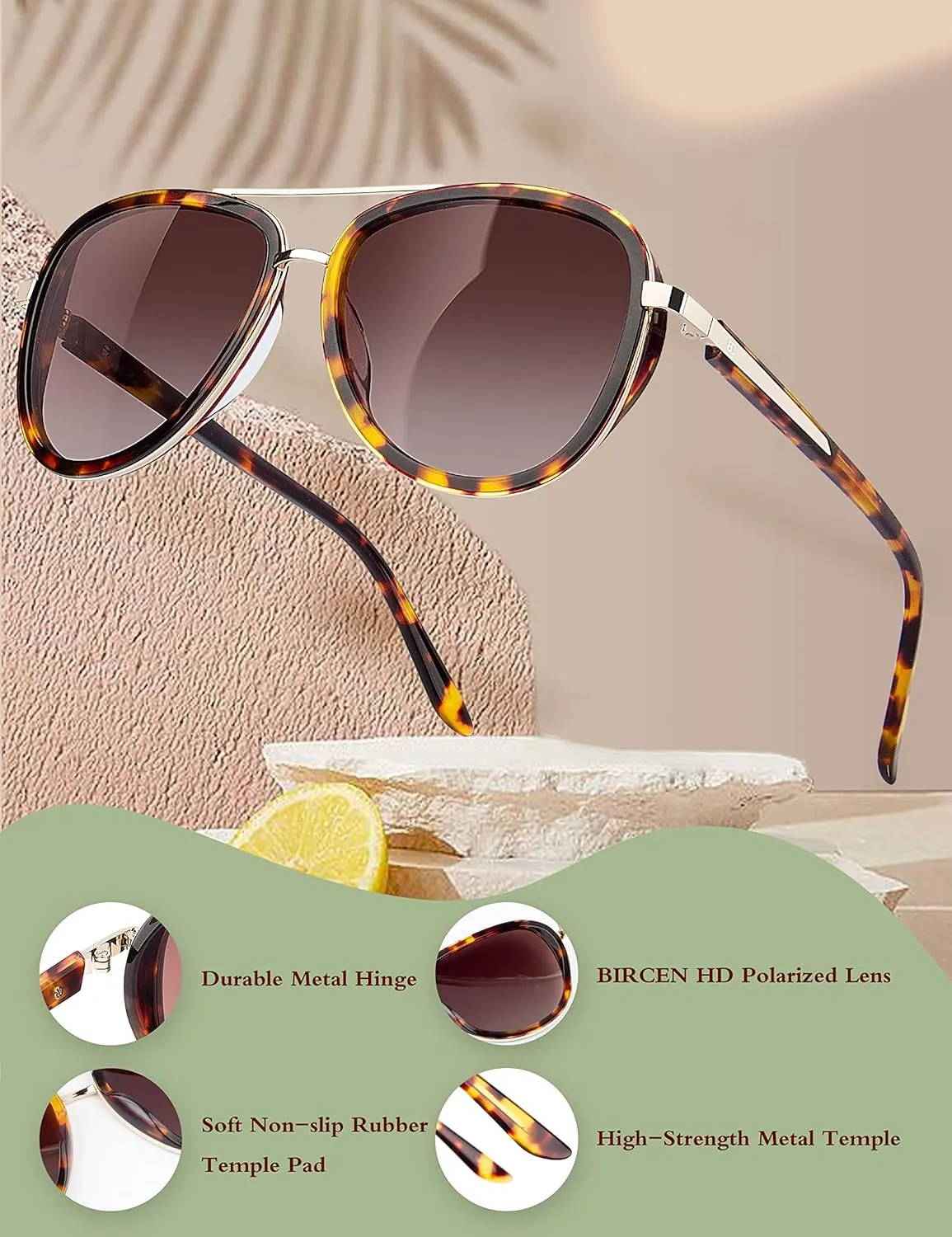 BIRCEN Polarized Sunglasses for Women UV - Protection Womens Retro Mirrored Shades with Acetate Frame BC2001