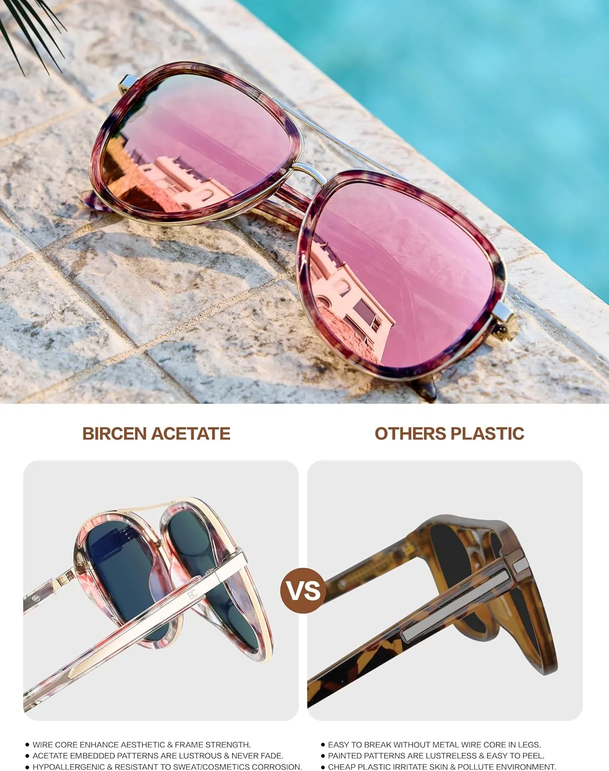 BIRCEN Polarized Sunglasses for Women UV - Protection Womens Retro Mirrored Shades with Acetate Frame BC2001