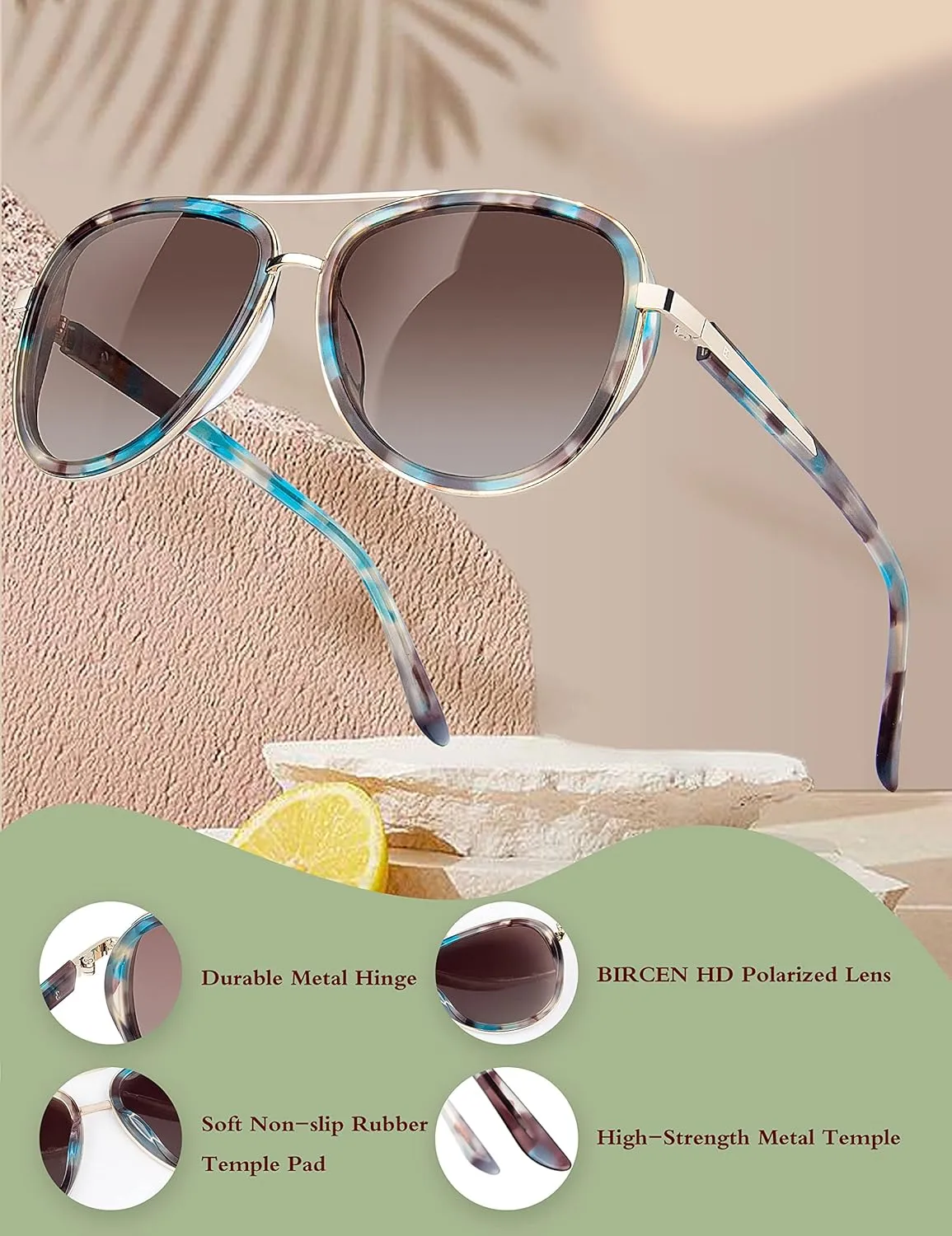 BIRCEN Polarized Sunglasses for Women UV - Protection Womens Retro Mirrored Shades with Acetate Frame BC2001