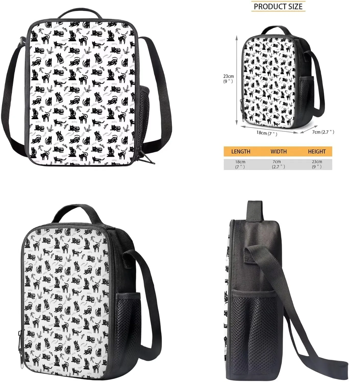 Black Cat Backpack with Lunch Box for School Girls Middle School Large School Bag Lightweight 17 Inch Laptop Book Bag Travel Shoulder Bag