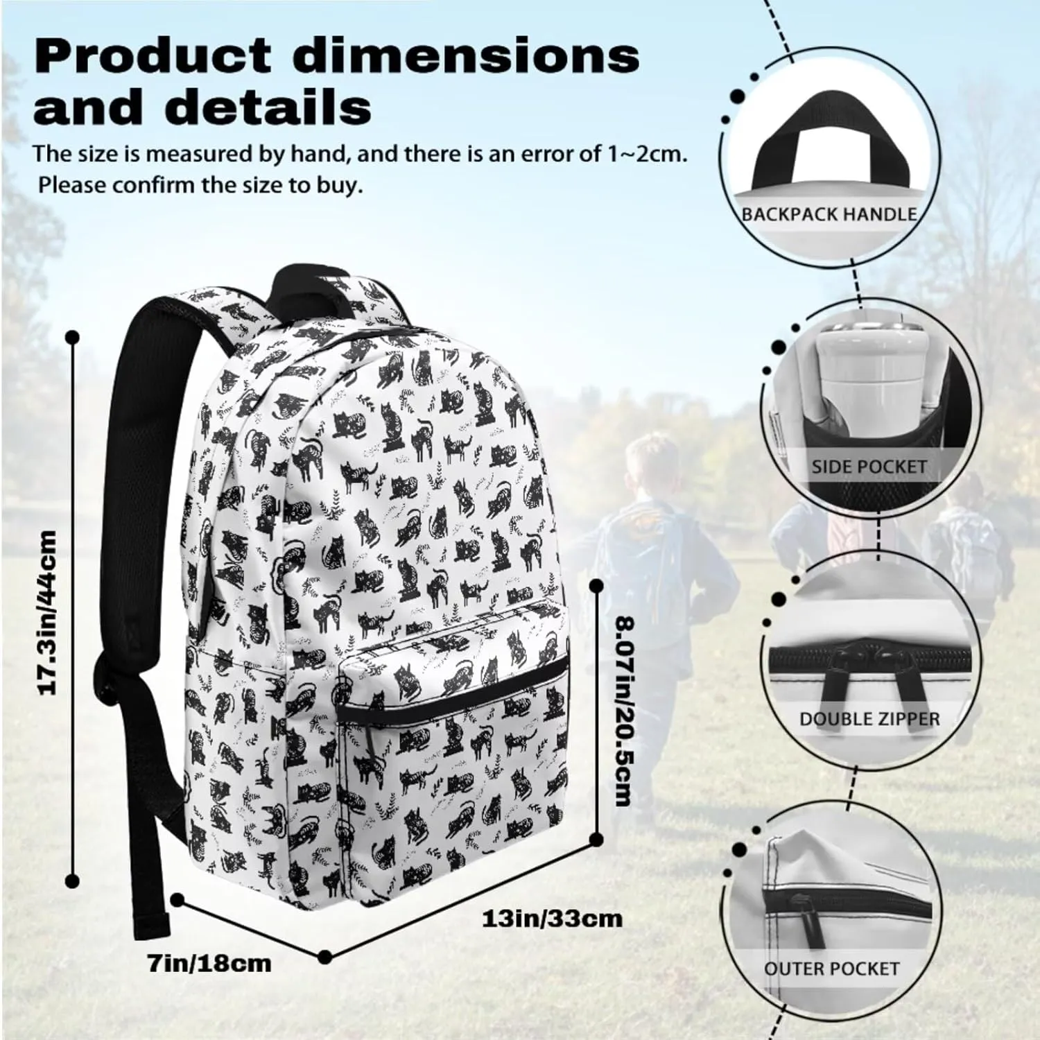 Black Cat Backpack with Lunch Box for School Girls Middle School Large School Bag Lightweight 17 Inch Laptop Book Bag Travel Shoulder Bag