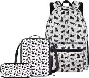 Black Cat Backpack with Lunch Box for School Girls Middle School Large School Bag Lightweight 17 Inch Laptop Book Bag Travel Shoulder Bag