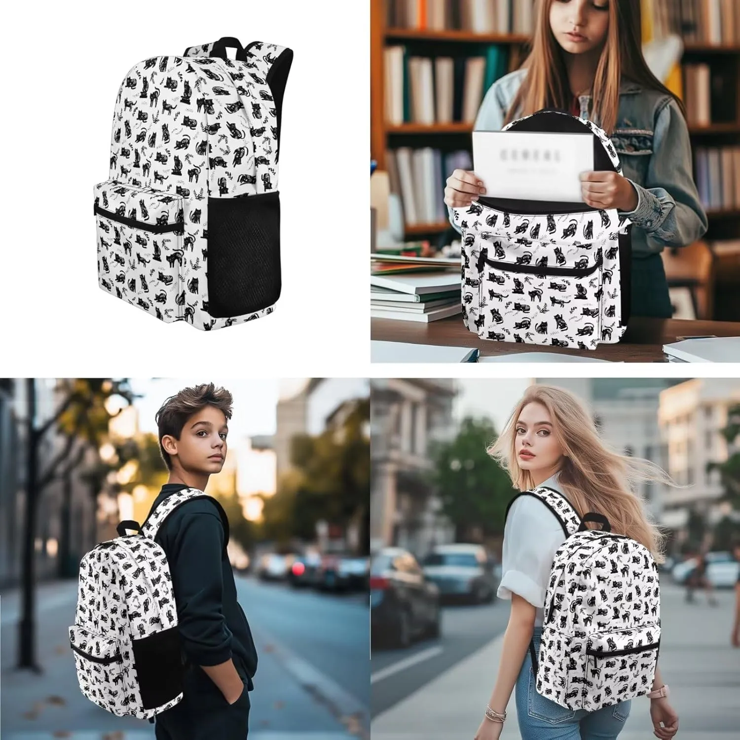 Black Cat Backpack with Lunch Box for School Girls Middle School Large School Bag Lightweight 17 Inch Laptop Book Bag Travel Shoulder Bag
