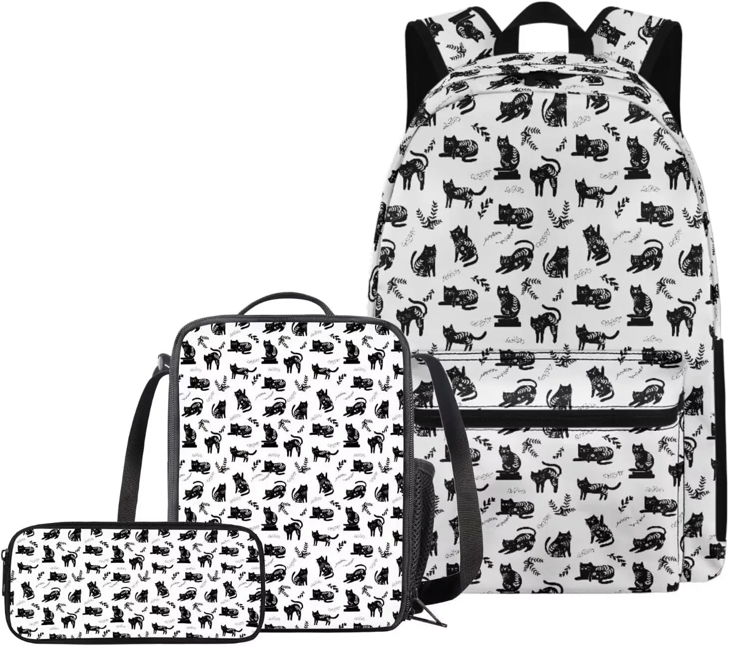 Black Cat Backpack with Lunch Box for School Girls Middle School Large School Bag Lightweight 17 Inch Laptop Book Bag Travel Shoulder Bag