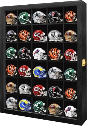 Black Shot Glass Display Case 30 Slots with Mirror Background Large Wooden Cabinet Rack Holder Mini Helmet Collection Wall Mounted Shadow Box Lockable with Tempered Glass Door 15.5*20 Inches