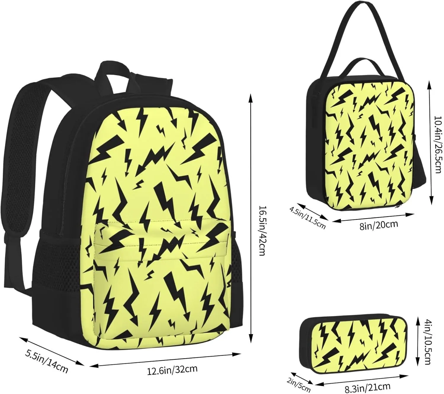 Black Thunder Yellow Multifunctional Pocket Backpack Crossbody Lunch Bag Pencil Case 3Pcs Set Large Capacity Backpack