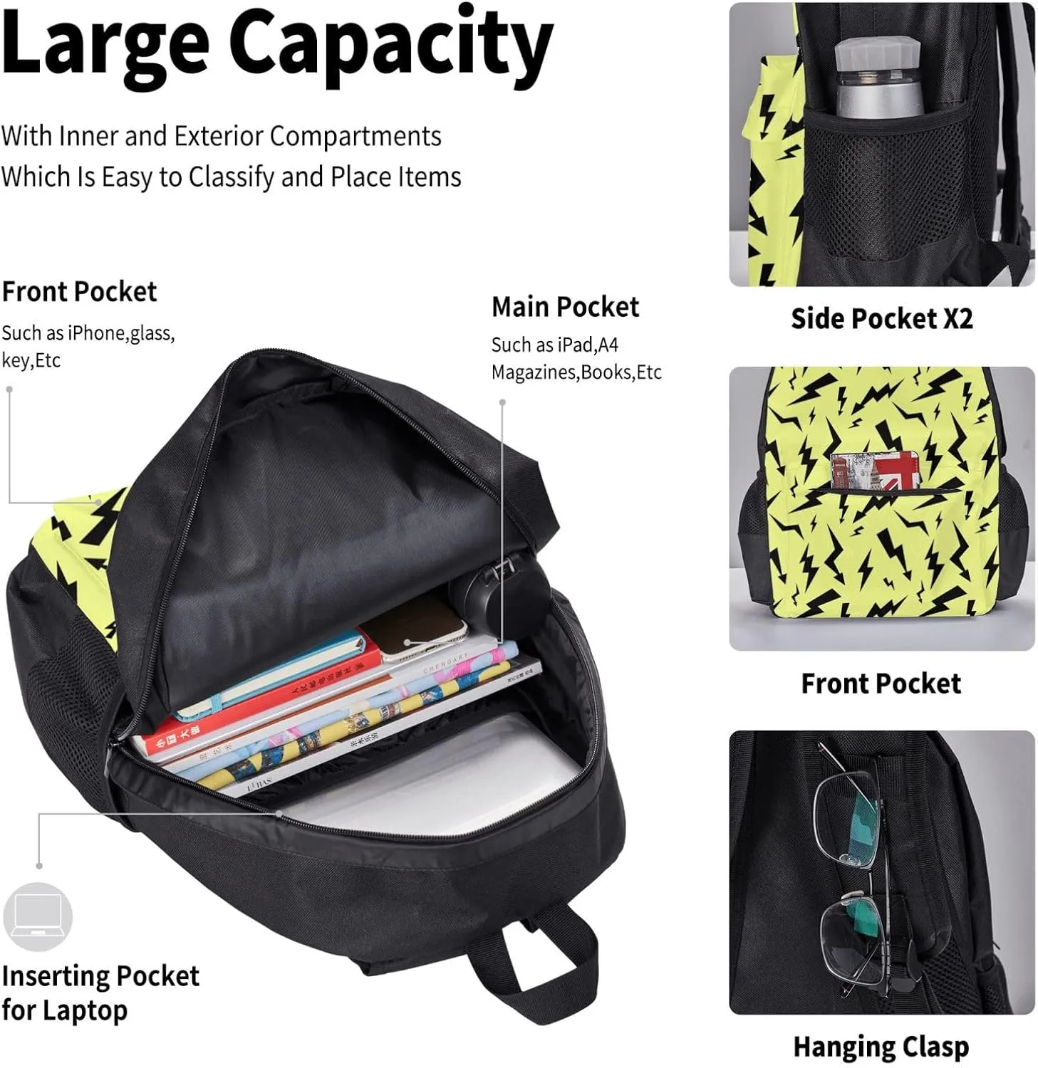 Black Thunder Yellow Multifunctional Pocket Backpack Crossbody Lunch Bag Pencil Case 3Pcs Set Large Capacity Backpack
