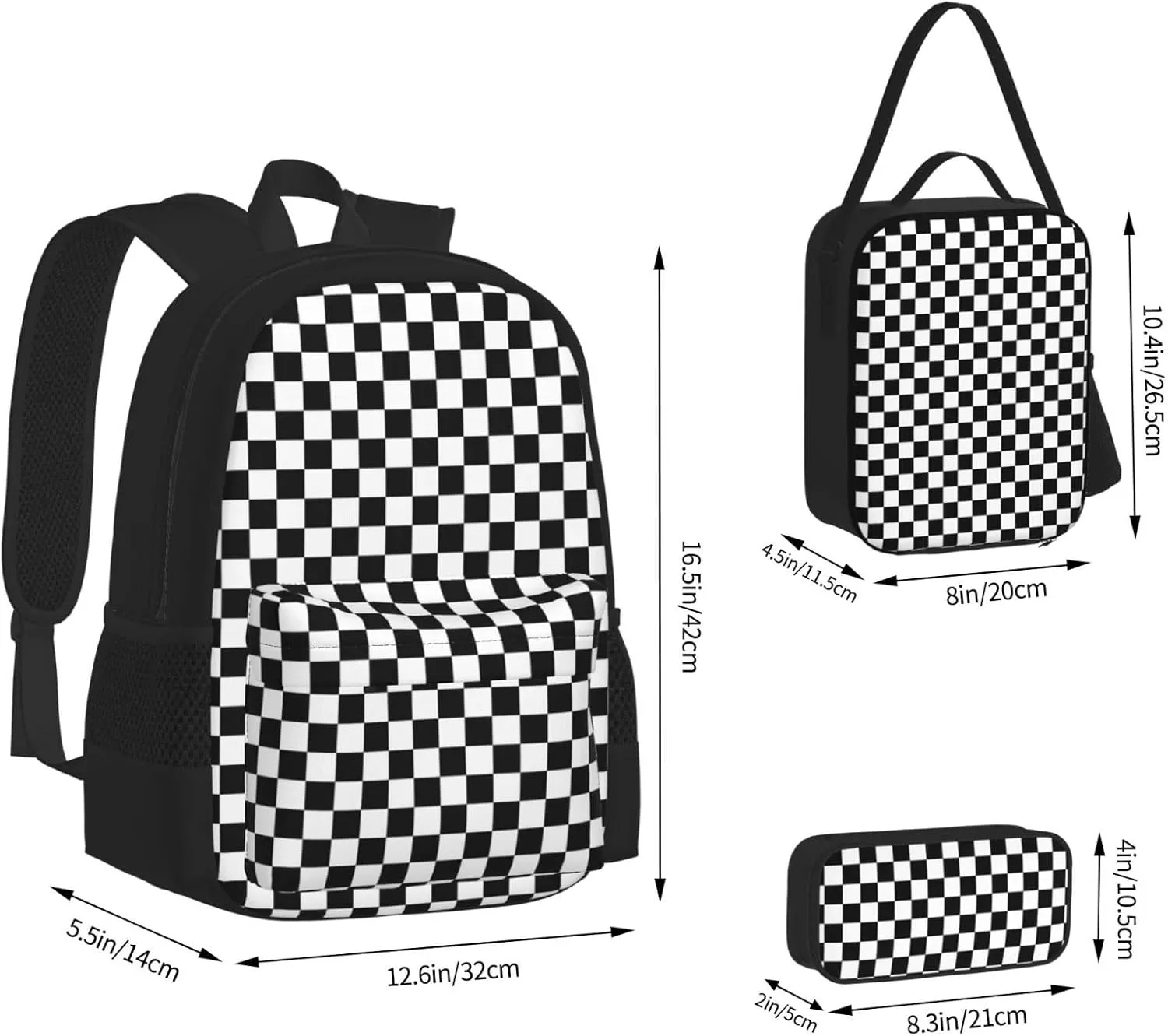 Black White Race Checkered Multifunctional Pocket Backpack Crossbody Lunch Bag Pencil Case 3Pcs Set Large Capacity Backpack