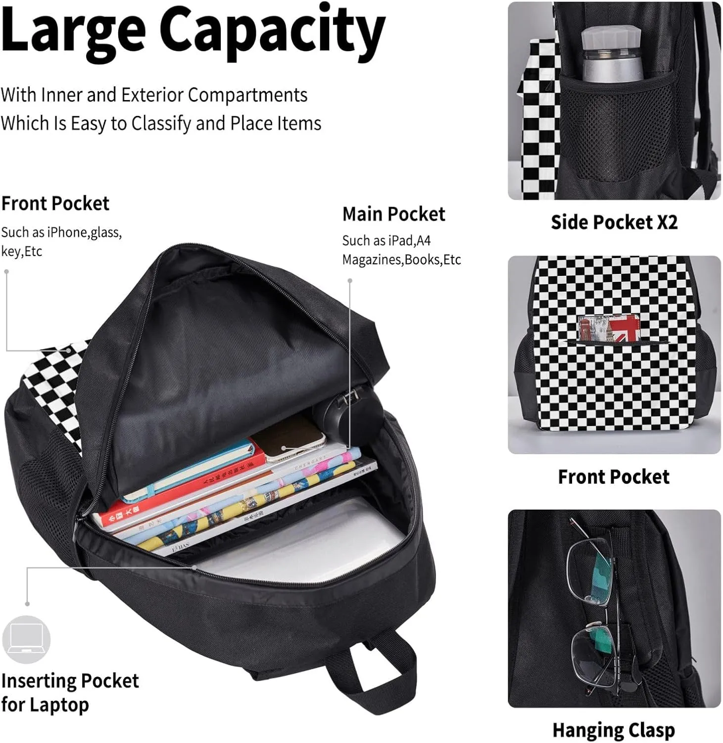 Black White Race Checkered Multifunctional Pocket Backpack Crossbody Lunch Bag Pencil Case 3Pcs Set Large Capacity Backpack