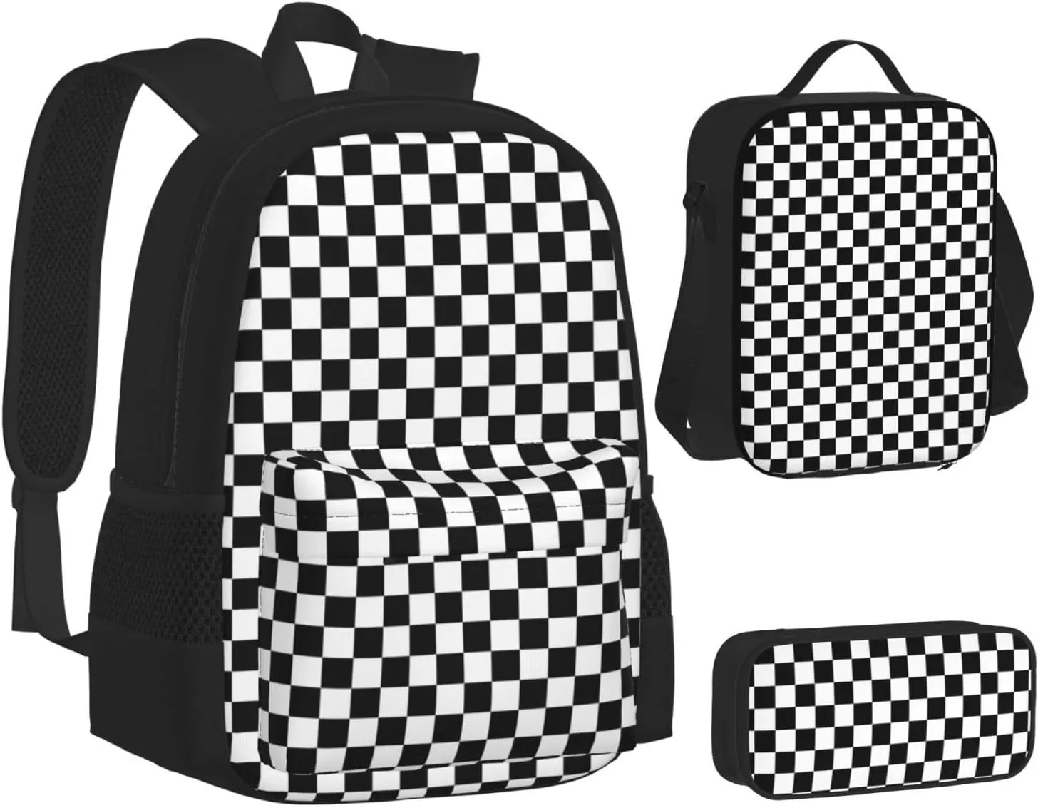 Black White Race Checkered Multifunctional Pocket Backpack Crossbody Lunch Bag Pencil Case 3Pcs Set Large Capacity Backpack