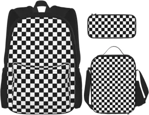 Black White Race Checkered Multifunctional Pocket Backpack Crossbody Lunch Bag Pencil Case 3Pcs Set Large Capacity Backpack