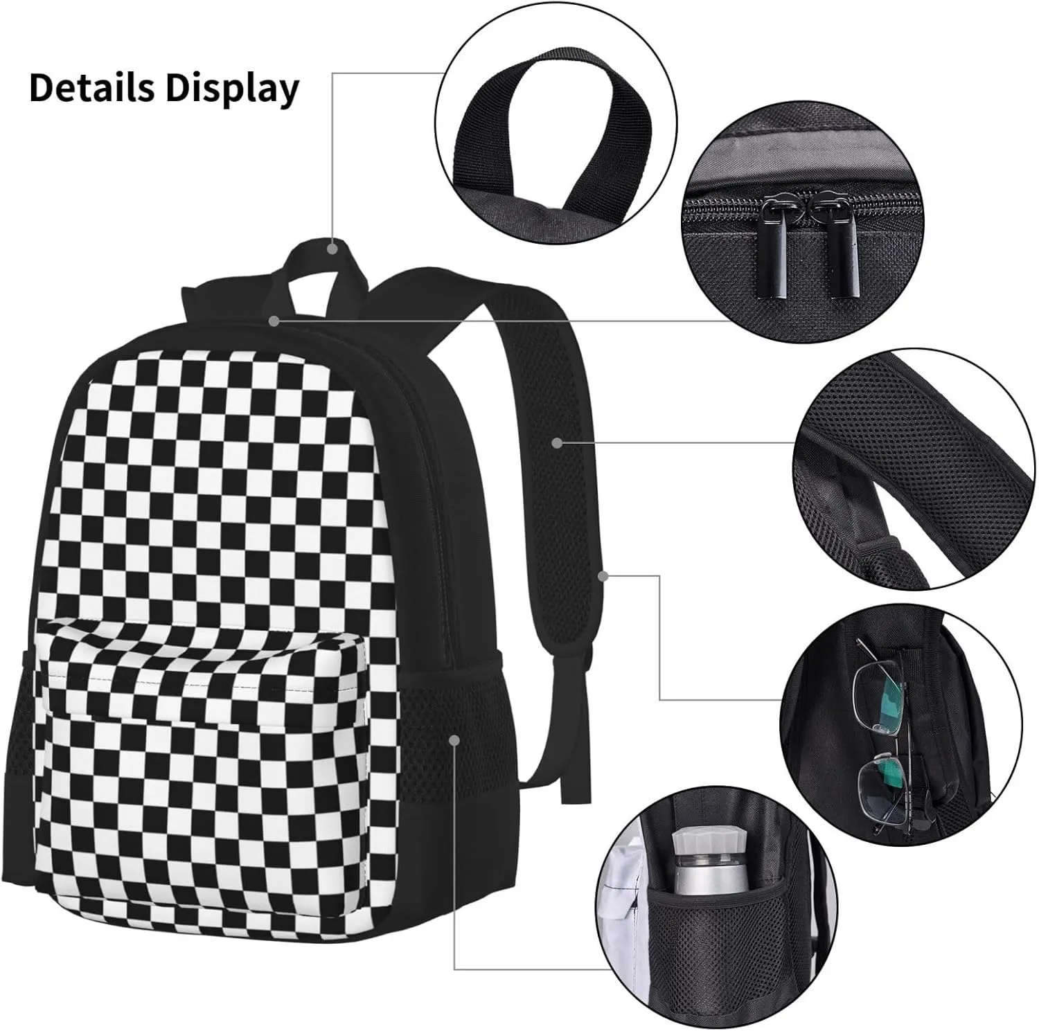 Black White Race Checkered Multifunctional Pocket Backpack Crossbody Lunch Bag Pencil Case 3Pcs Set Large Capacity Backpack