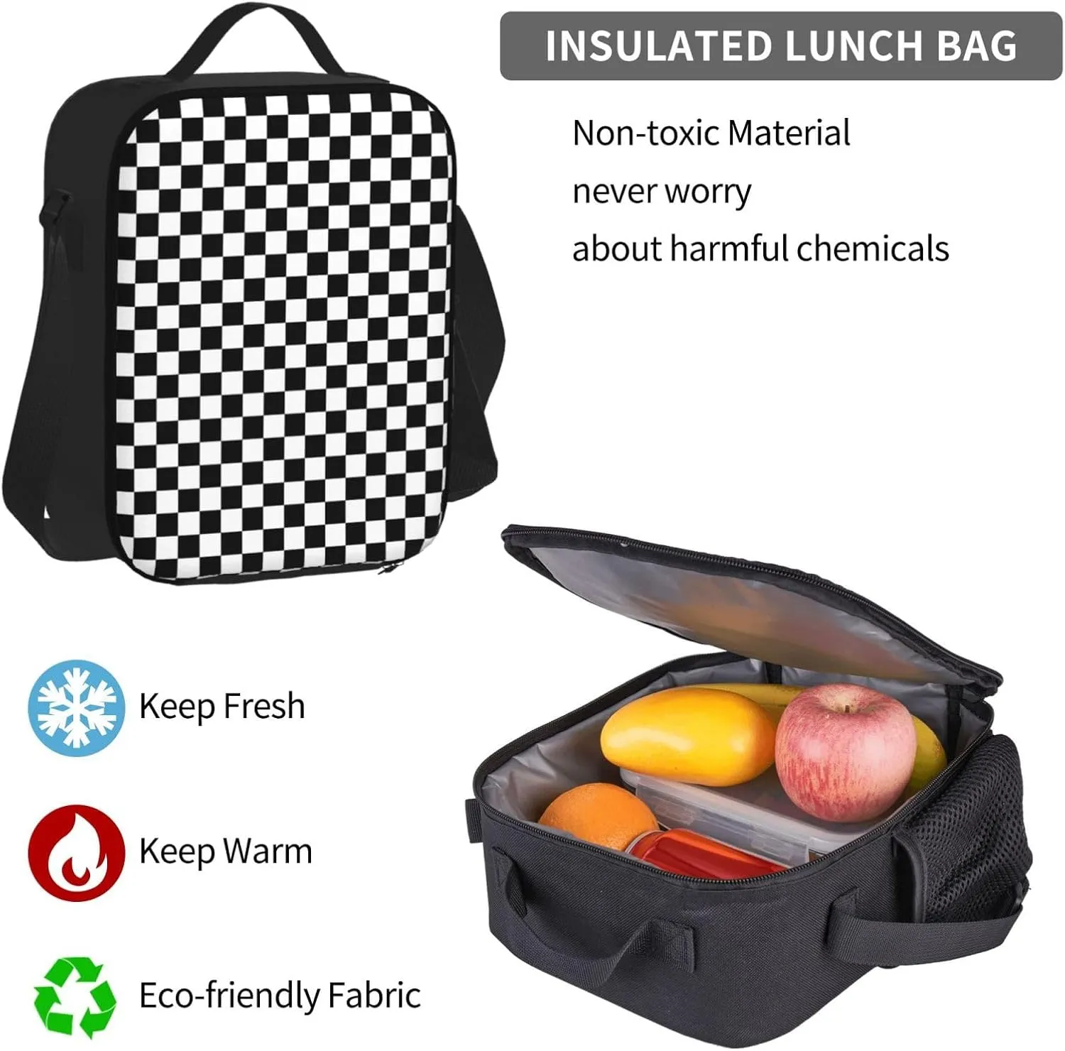 Black White Race Checkered Multifunctional Pocket Backpack Crossbody Lunch Bag Pencil Case 3Pcs Set Large Capacity Backpack
