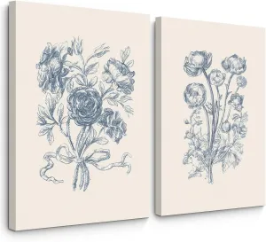 Blue Floral Wall Art Decor Vintage Flower Canvas Pictures Boho Botanical Wall Art Prints Minimalist Floral Poster Rustic Flower Painting for Bedroom Bathroom 16x24 Inch Framed Set of 2