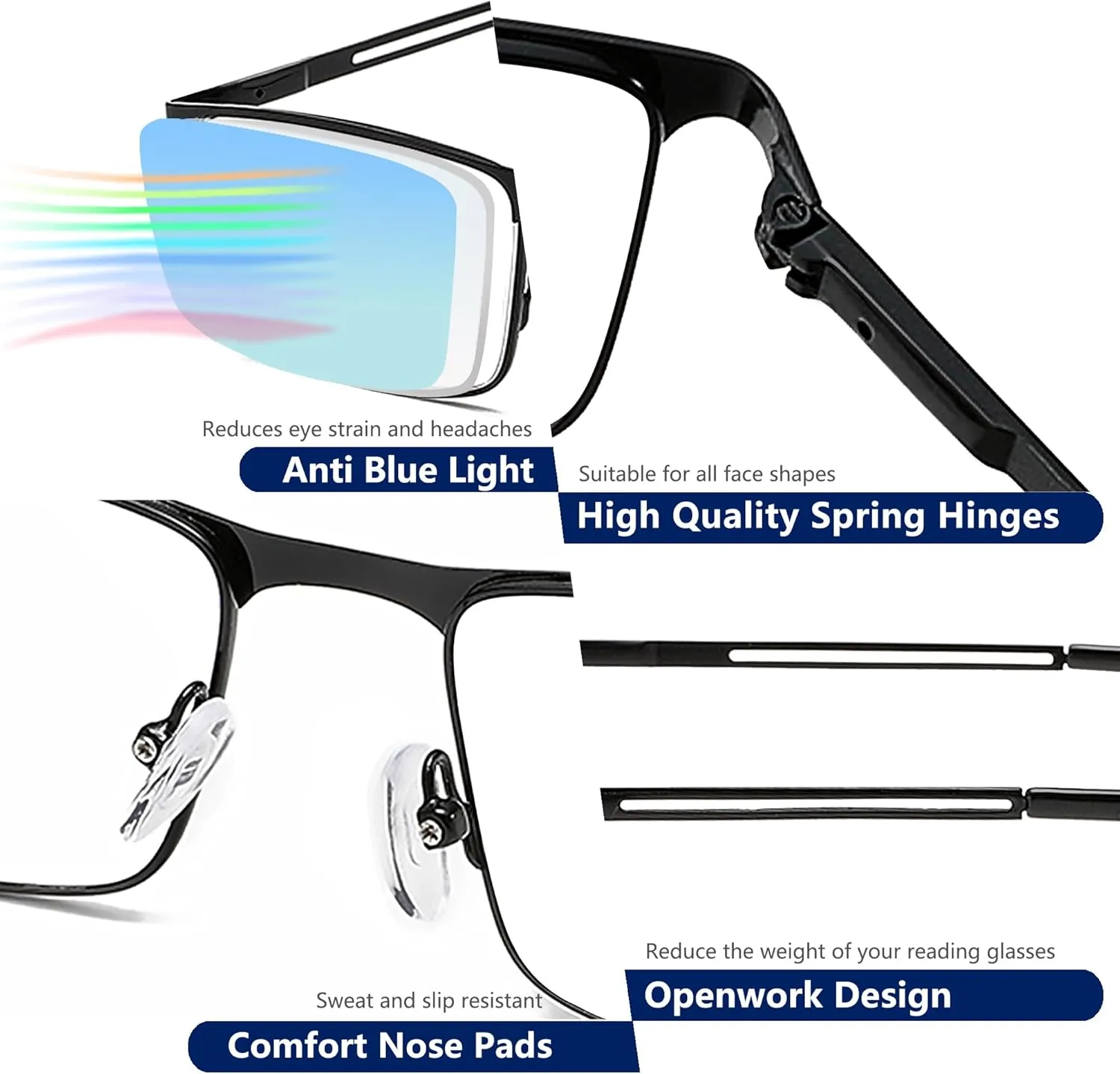 Blue Light Blocking Reading Glasses for Men With Spring Hinge Metal Full Frame Lightweight Readers Classic Trend
