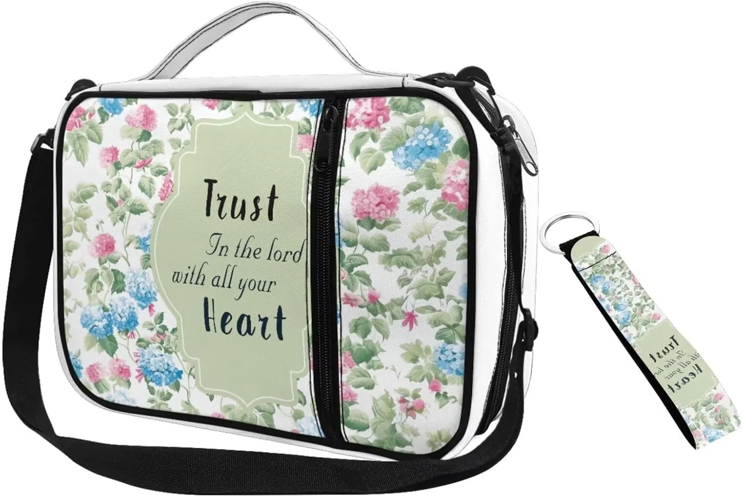 Blue Pink Floral Print Bible Carrying Cases for Womens Girls Lightweight Bible Cover Church Bag Bible Protective with Zipper Pocket Keychain for Worship School Travel Use