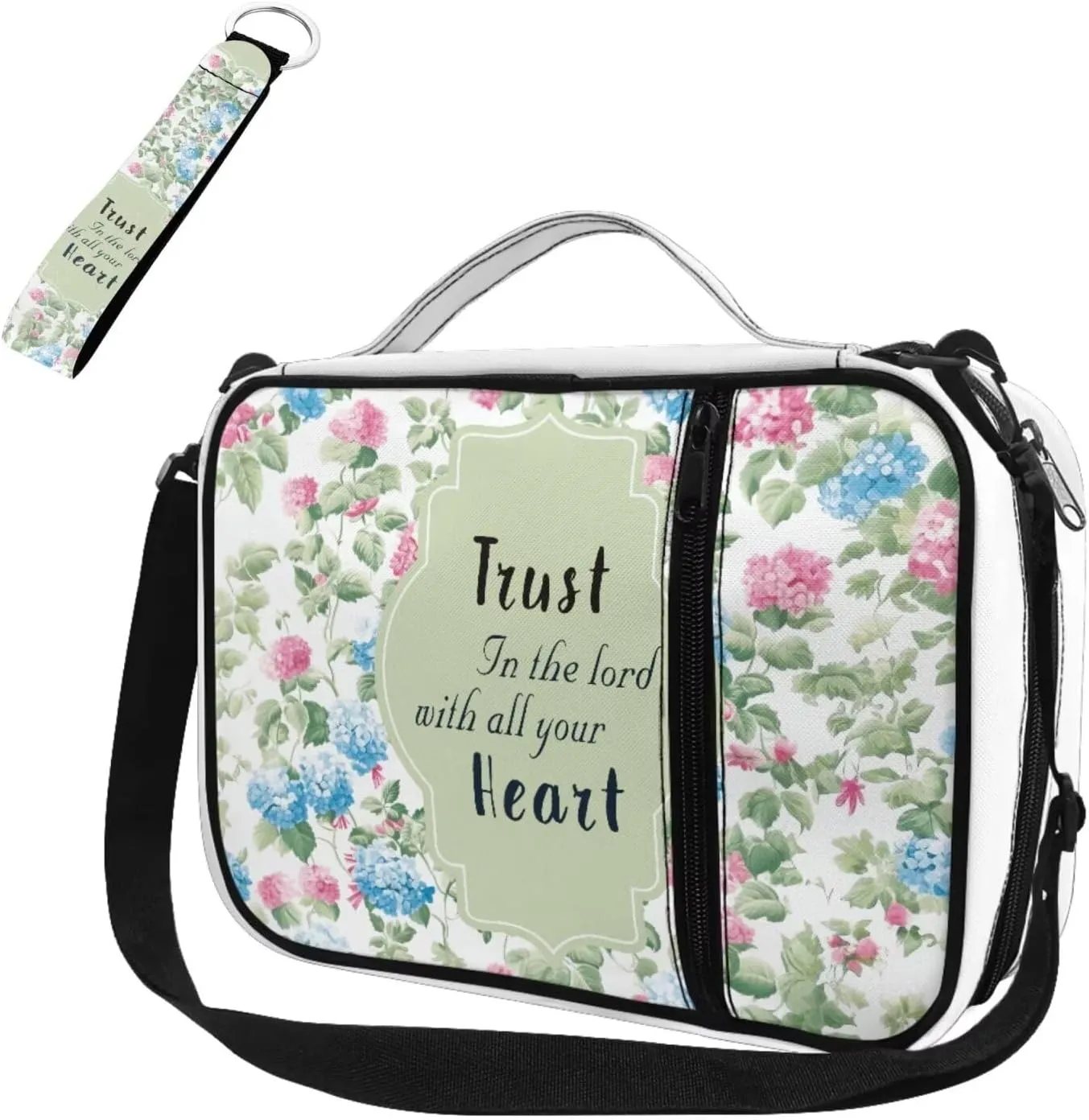 Blue Pink Floral Print Bible Carrying Cases for Womens Girls Lightweight Bible Cover Church Bag Bible Protective with Zipper Pocket Keychain for Worship School Travel Use