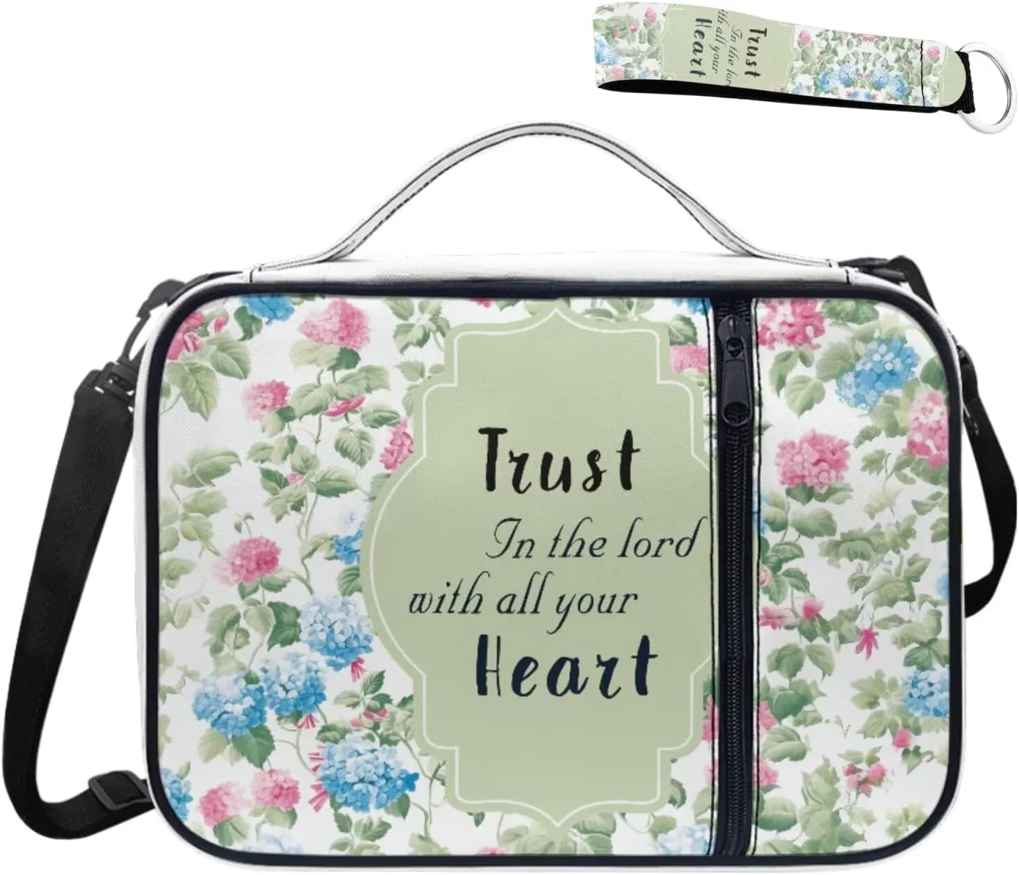 Blue Pink Floral Print Bible Carrying Cases for Womens Girls Lightweight Bible Cover Church Bag Bible Protective with Zipper Pocket Keychain for Worship School Travel Use