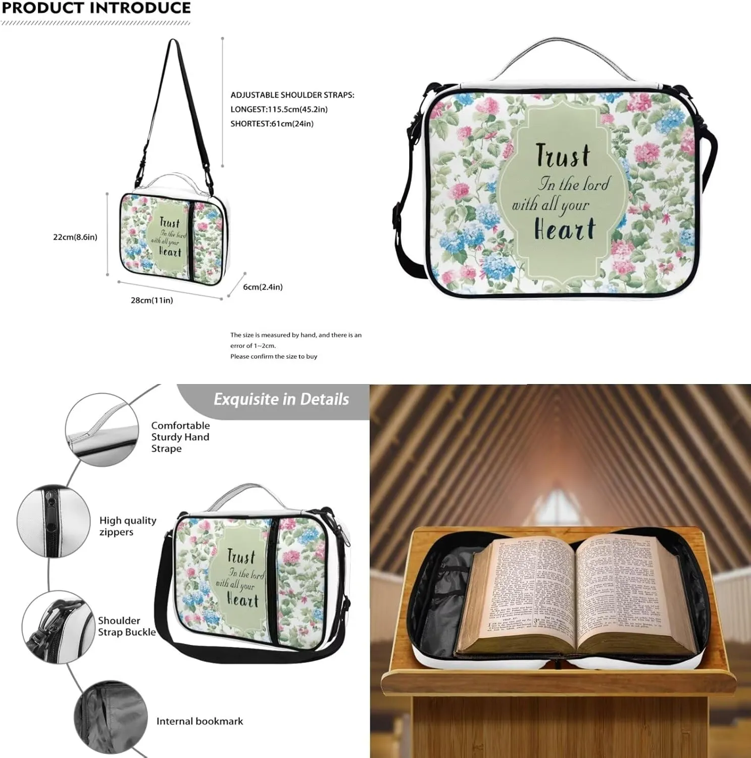 Blue Pink Floral Print Bible Carrying Cases for Womens Girls Lightweight Bible Cover Church Bag Bible Protective with Zipper Pocket Keychain for Worship School Travel Use