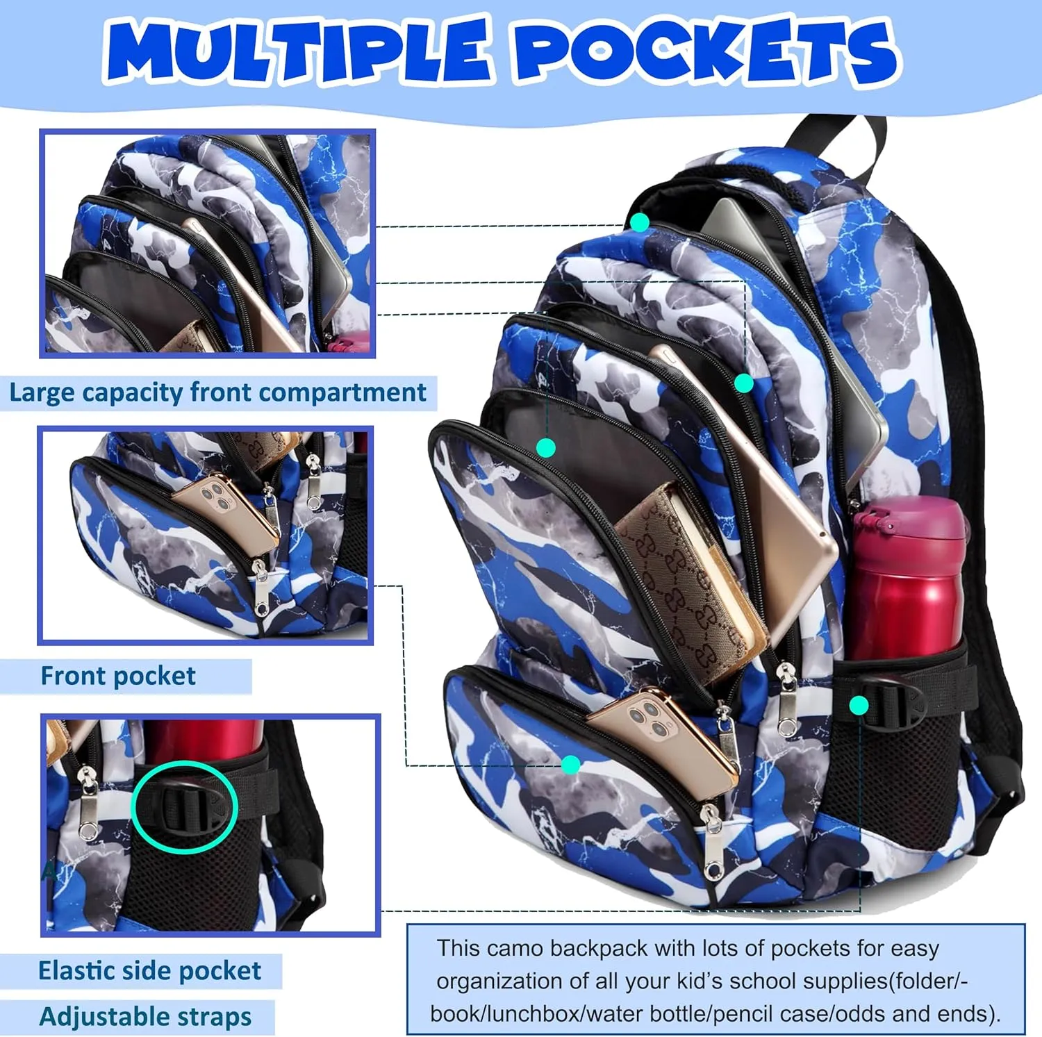 BLUEFAIRY Boys Backpack with Lunch Box for Kids Elementary Middle School Bags Set Child Book Bags Back to School Gifts Mochila Escolar para Niños Adolescentes Camo Blue