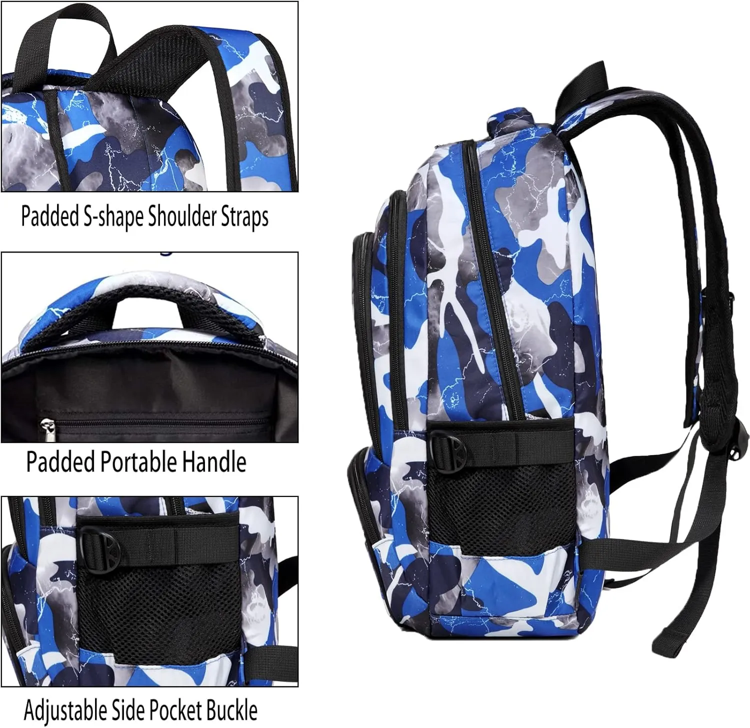BLUEFAIRY Boys Backpack with Lunch Box for Kids Elementary Middle School Bags Set Child Book Bags Back to School Gifts Mochila Escolar para Niños Adolescentes Camo Blue