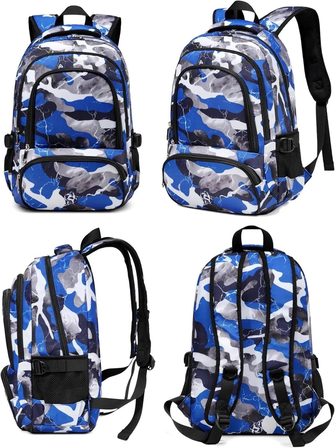 BLUEFAIRY Boys Backpack with Lunch Box for Kids Elementary Middle School Bags Set Child Book Bags Back to School Gifts Mochila Escolar para Niños Adolescentes Camo Blue