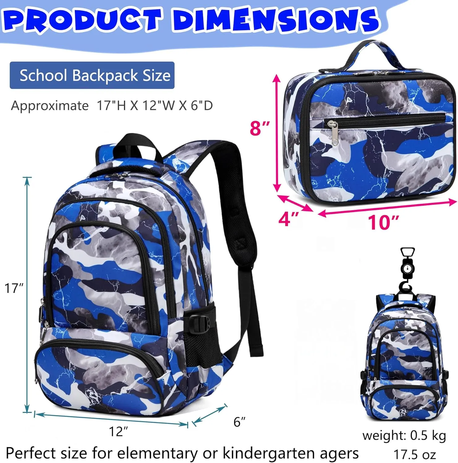 BLUEFAIRY Boys Backpack with Lunch Box for Kids Elementary Middle School Bags Set Child Book Bags Back to School Gifts Mochila Escolar para Niños Adolescentes Camo Blue