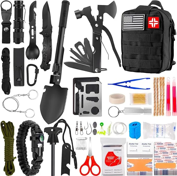 BODALLY 142 Survival First Aid Kit for Car Emergency Preparedness- Comprehensive Emergency First Aid kit Survival Gear/Camping Gear in MOLLE Bag for Men Him Christmas