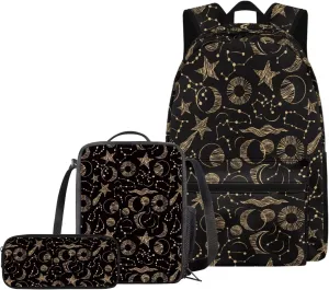 Boho Moon Star Backpack Set for Girls 6-8 Kindergarten Bookbag Set for School 3 in 1 Lightweight School Bag and Lunch Bag Set with Adjustable Shoulder Strap