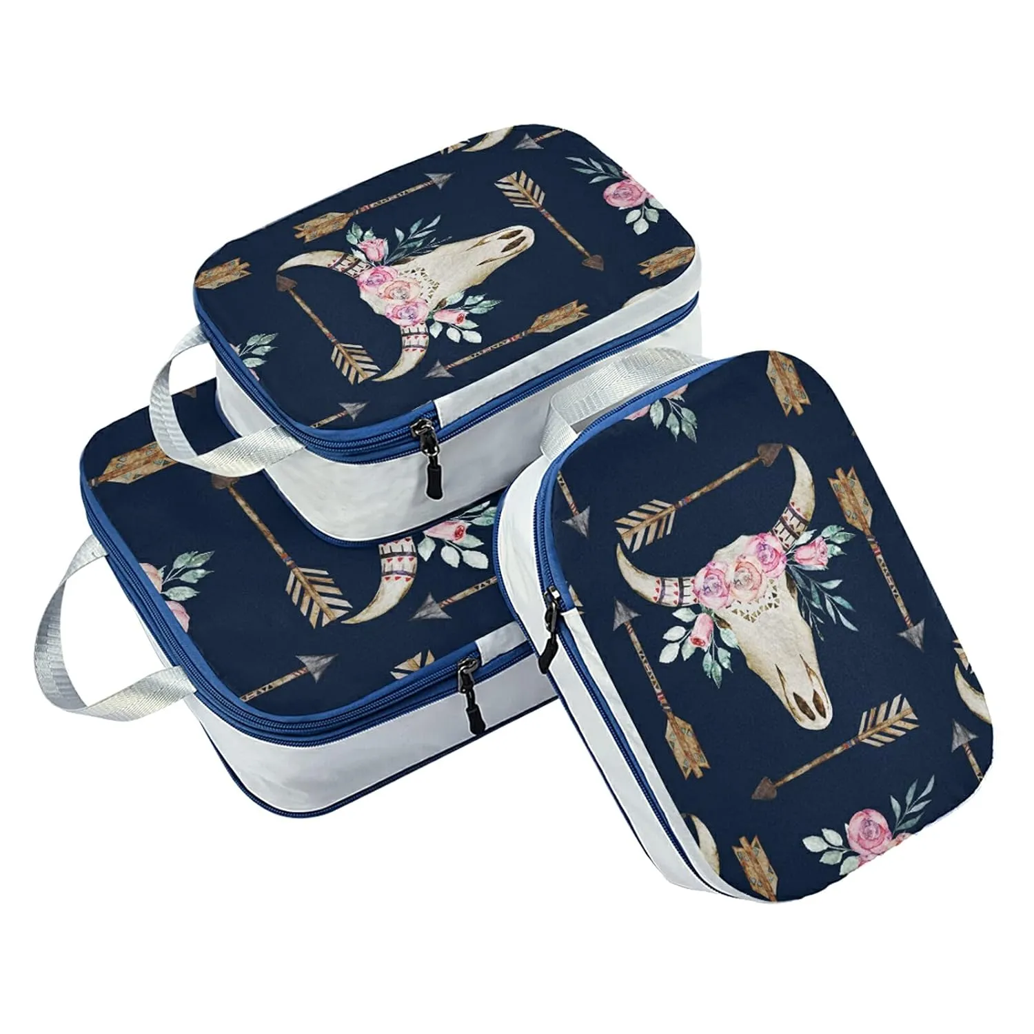 Boho Tribal Ethnic Bohemian Western Flower Deer Antlers Arrows on Dark 3 Set Packing Cubes, Waterproof Check Oxford cloth Organizers, Travel Packing Toiletry Storage Bag