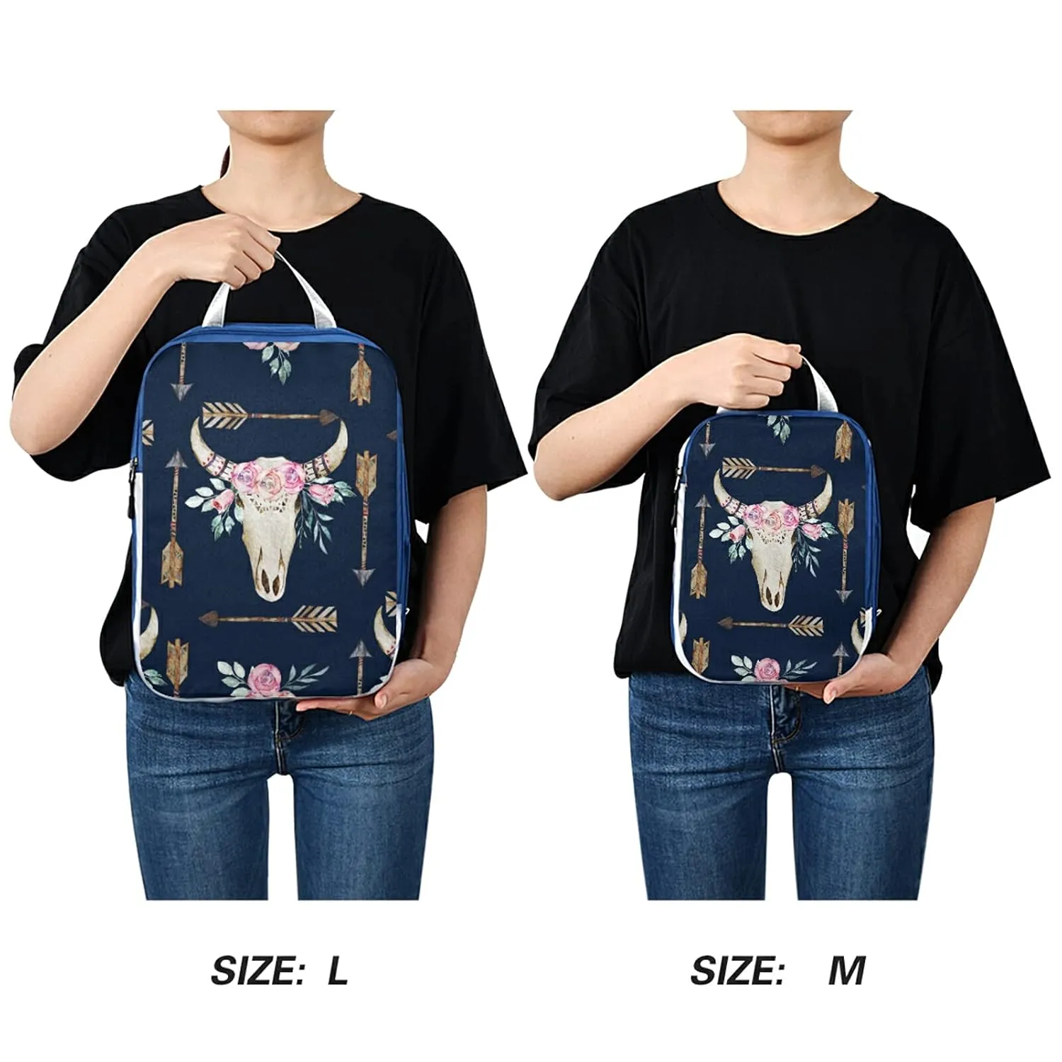Boho Tribal Ethnic Bohemian Western Flower Deer Antlers Arrows on Dark 3 Set Packing Cubes, Waterproof Check Oxford cloth Organizers, Travel Packing Toiletry Storage Bag