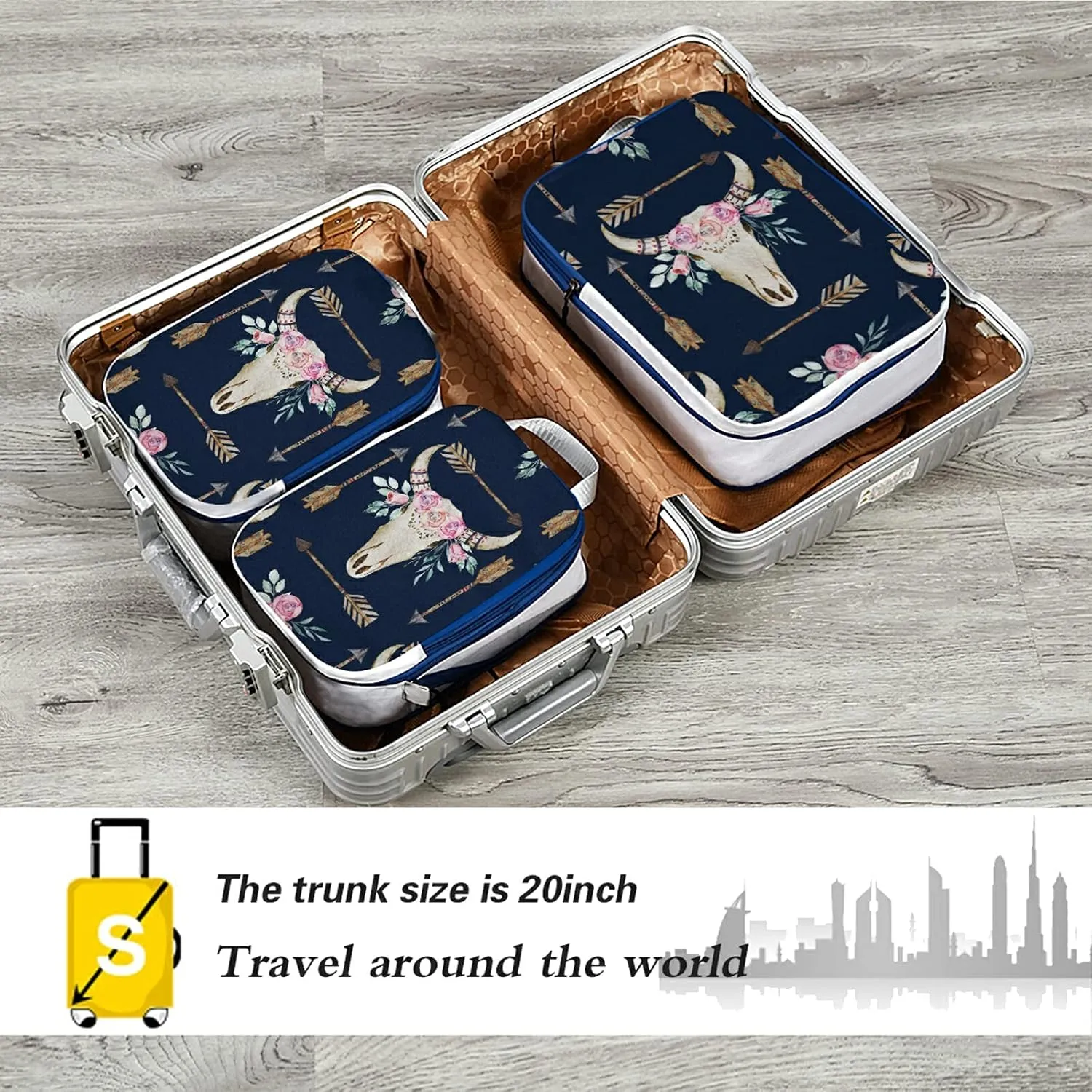 Boho Tribal Ethnic Bohemian Western Flower Deer Antlers Arrows on Dark 3 Set Packing Cubes, Waterproof Check Oxford cloth Organizers, Travel Packing Toiletry Storage Bag