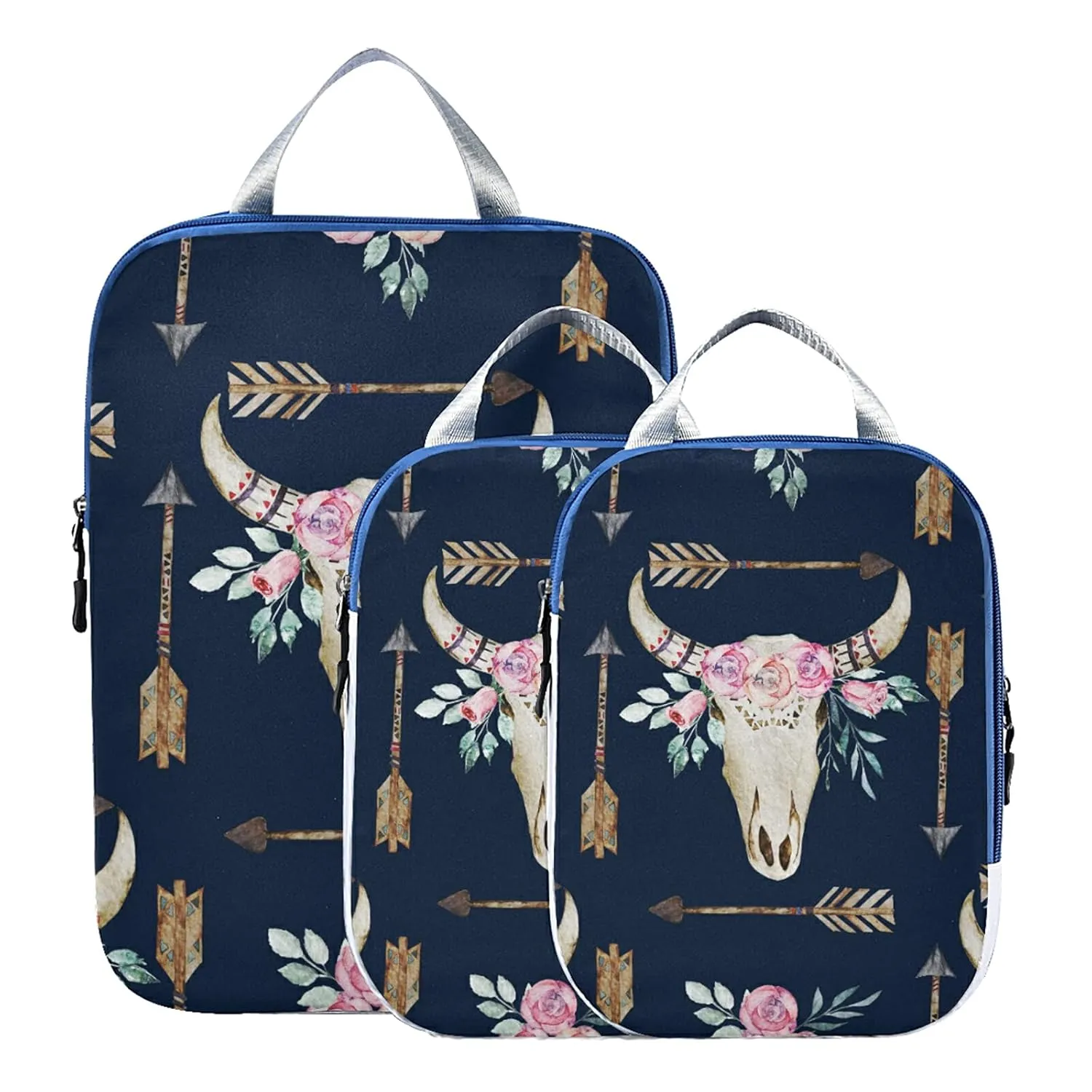 Boho Tribal Ethnic Bohemian Western Flower Deer Antlers Arrows on Dark 3 Set Packing Cubes, Waterproof Check Oxford cloth Organizers, Travel Packing Toiletry Storage Bag