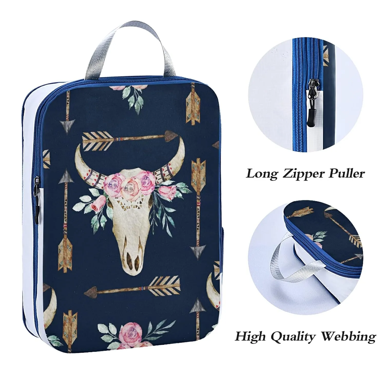 Boho Tribal Ethnic Bohemian Western Flower Deer Antlers Arrows on Dark 3 Set Packing Cubes, Waterproof Check Oxford cloth Organizers, Travel Packing Toiletry Storage Bag