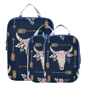 Boho Tribal Ethnic Bohemian Western Flower Deer Antlers Arrows on Dark 3 Set Packing Cubes, Waterproof Check Oxford cloth Organizers, Travel Packing Toiletry Storage Bag