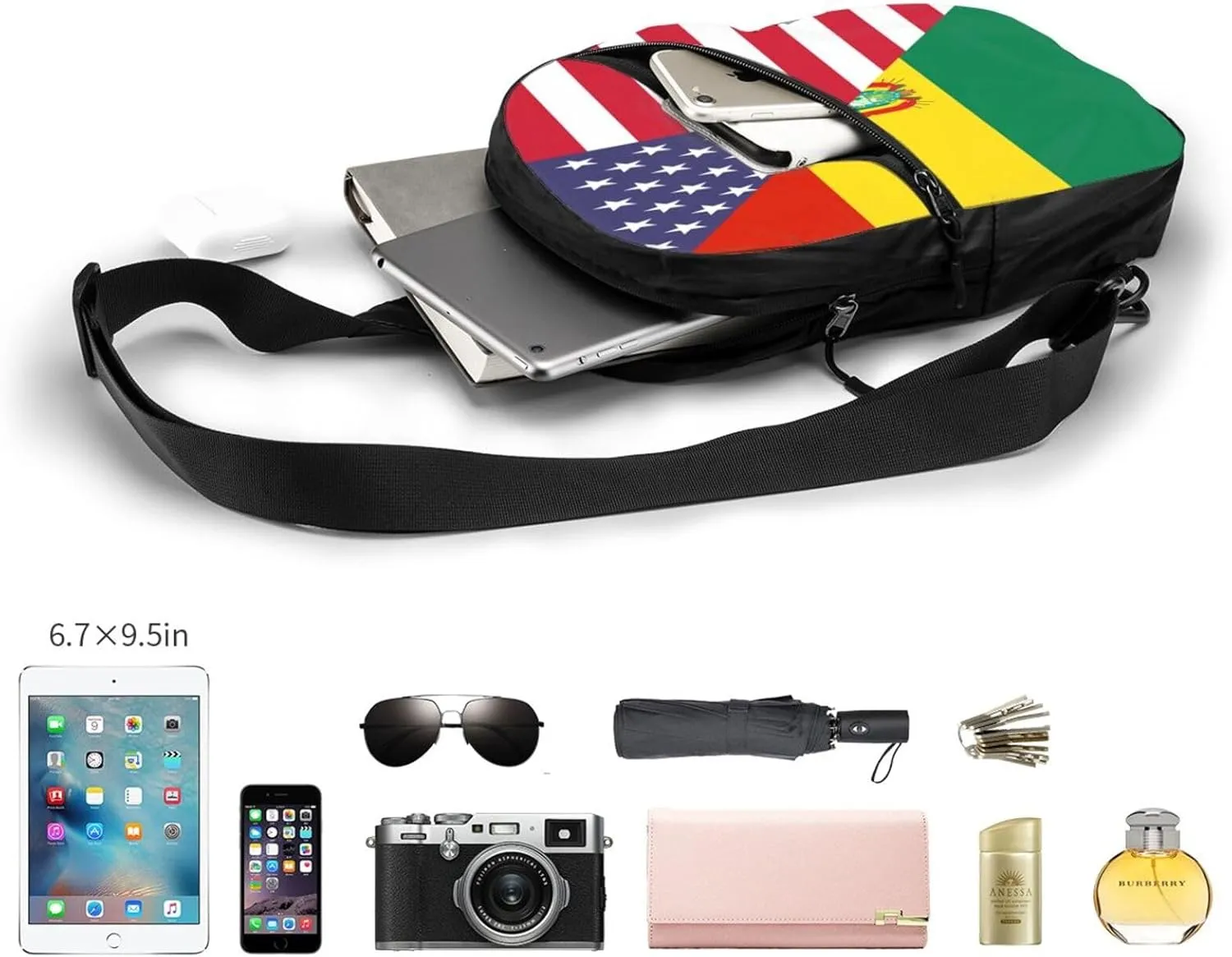 Bolivian American Flag Bolivia Half Packable Crossbody Bag Portable Sling Bags Foldable Travel Daypack Reusable Sports Shoulder Backpack Diagonally Chest Bag for Workout