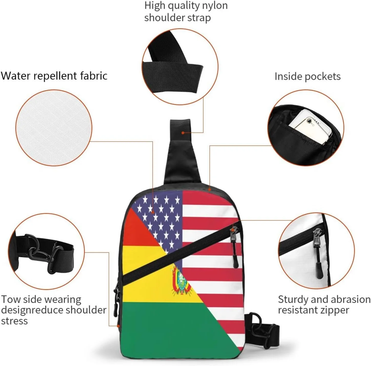 Bolivian American Flag Bolivia Half Packable Crossbody Bag Portable Sling Bags Foldable Travel Daypack Reusable Sports Shoulder Backpack Diagonally Chest Bag for Workout