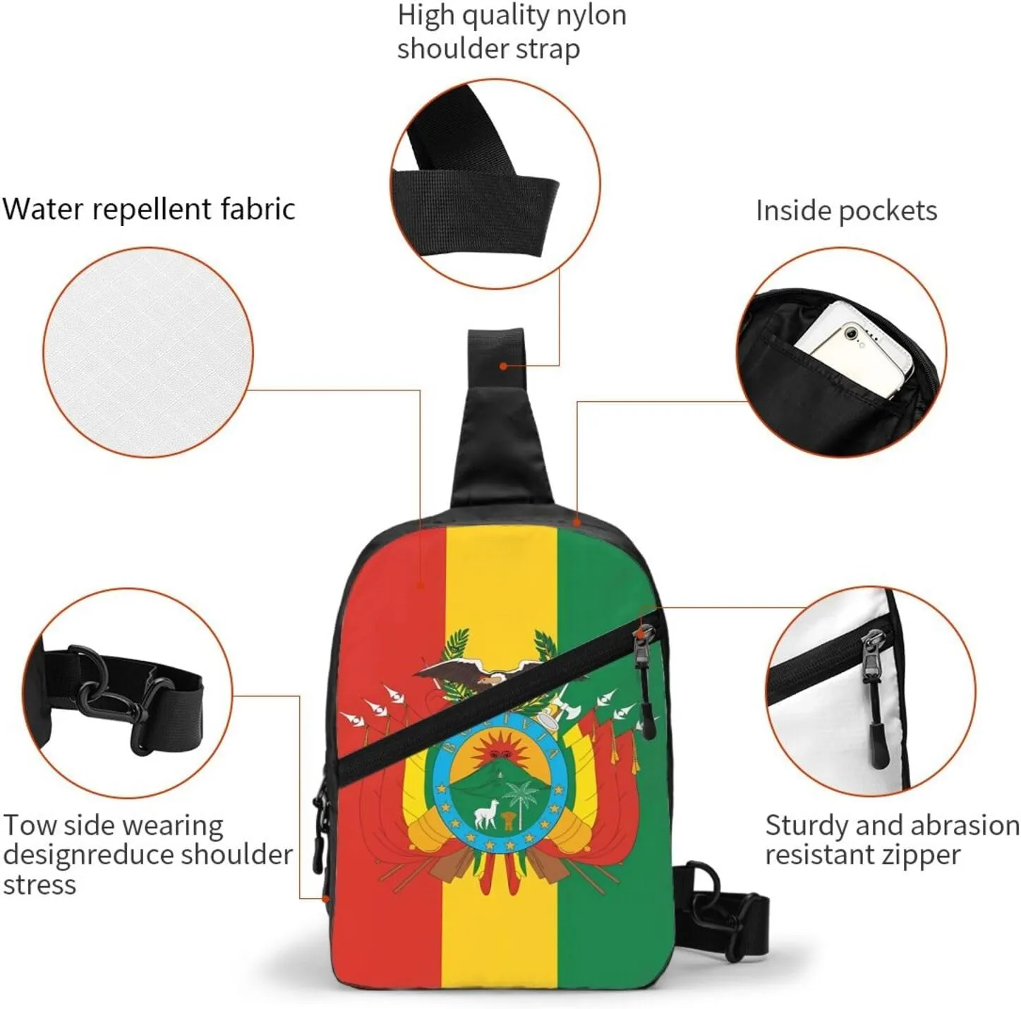 Bolivian Flag Packable Crossbody Bag Portable Sling Bags Foldable Travel Daypack Reusable Sports Shoulder Backpack Diagonally Chest Bag for Workout