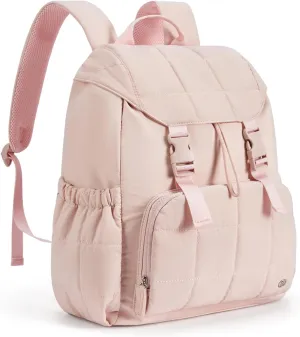 BOSTANTEN Puffer Backpack for Women, 15.6 Inch College Laptop Backpack with RFID Pocket, Water Resistant Casual Travel Daypack, Pink
