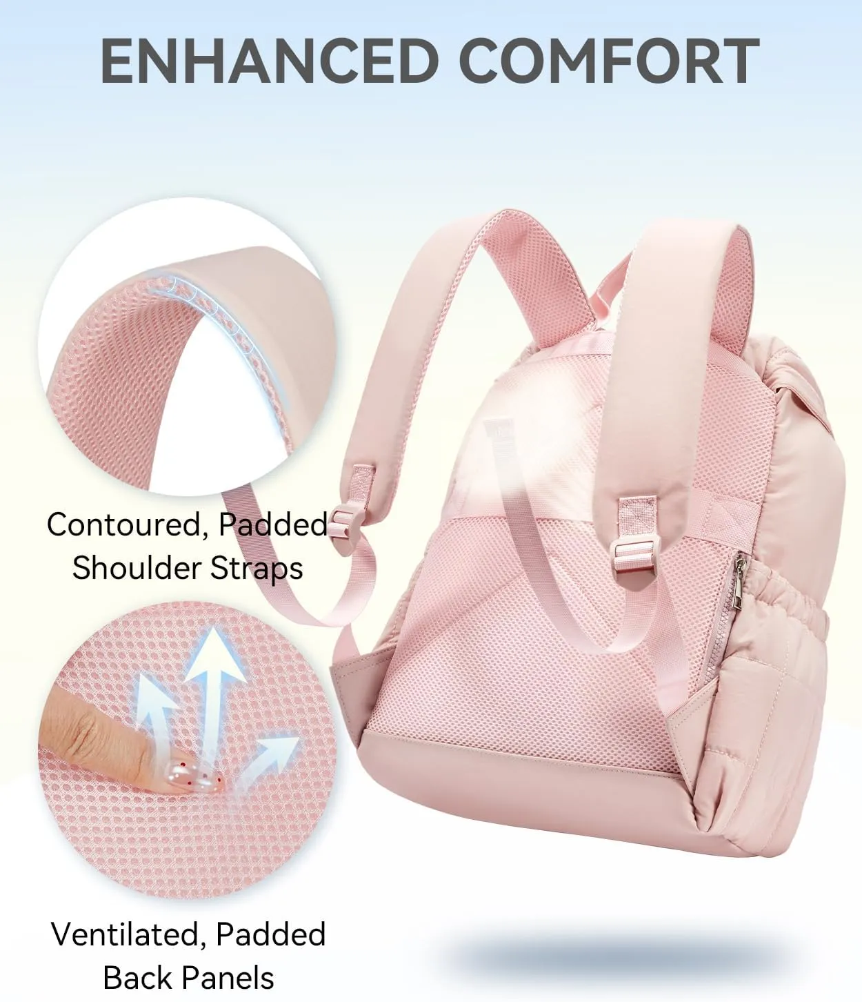 BOSTANTEN Puffer Backpack for Women, 15.6 Inch College Laptop Backpack with RFID Pocket, Water Resistant Casual Travel Daypack, Pink